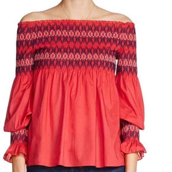 Maje Lesly smocked embroidered off the shoulder top red sz S - Picture 1 of 8